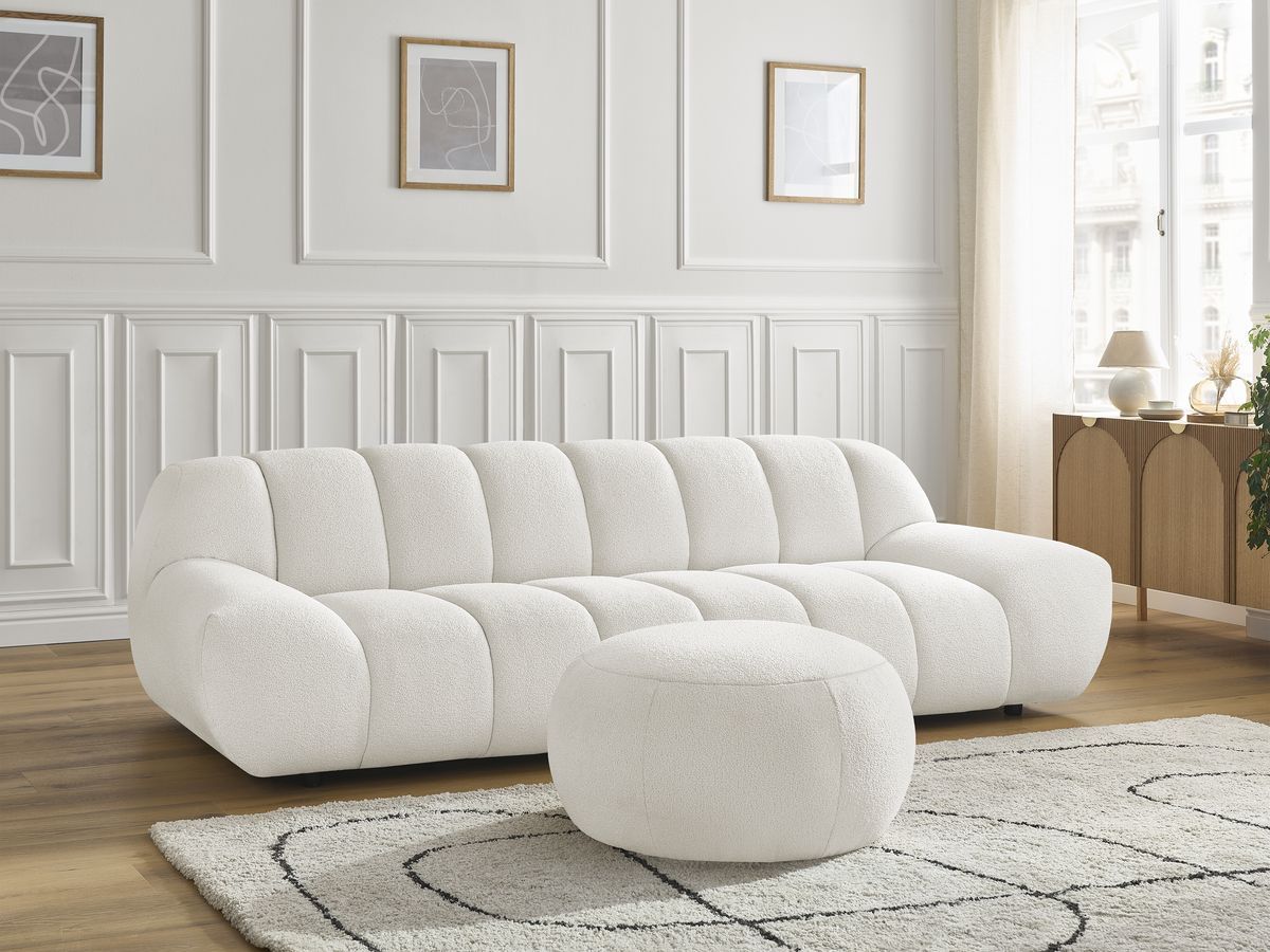 Canapé droit fixe 3 places HAYDEN tissu bouclette avec pouf grand