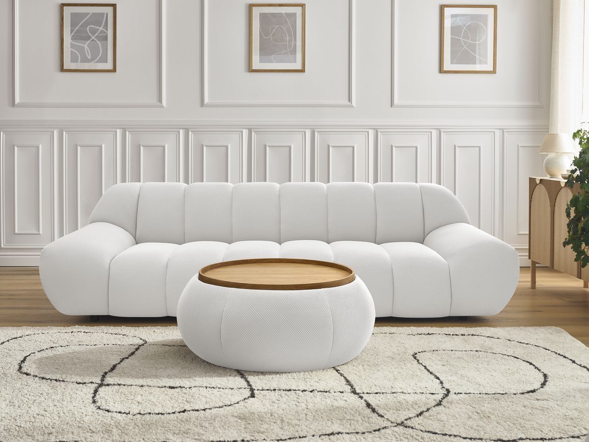 Canapé droit fixe 3 places HAYDEN tissu mesh avec pouf grand avec plateau