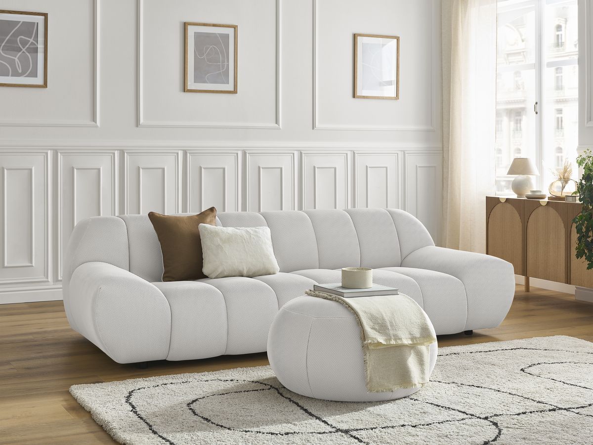 Canapé droit fixe 3 places HAYDEN tissu mesh avec pouf grand