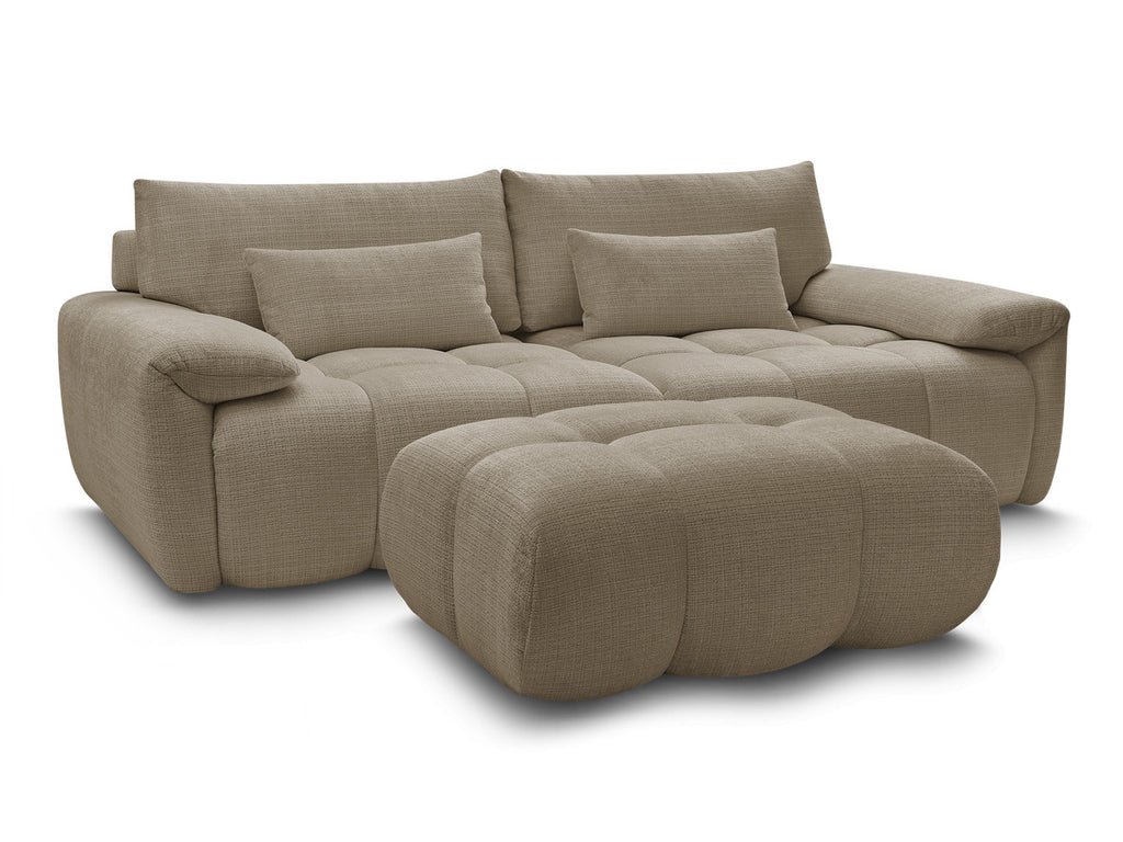 Canapé droit fixe 3 places IVANE avec dossier avance recule en tissu texturé et son pouf