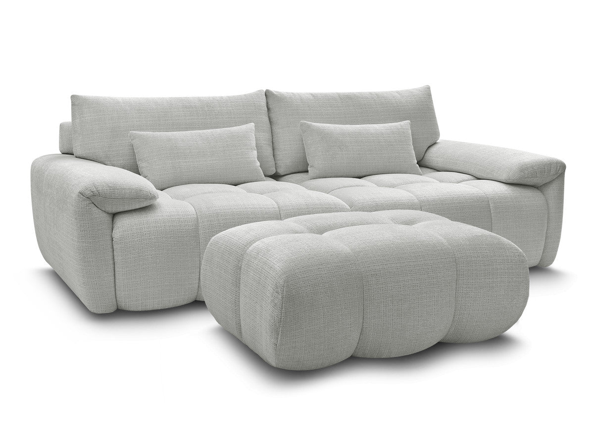 Canapé droit fixe 3 places IVANE avec dossier avance recule en tissu texturé et son pouf