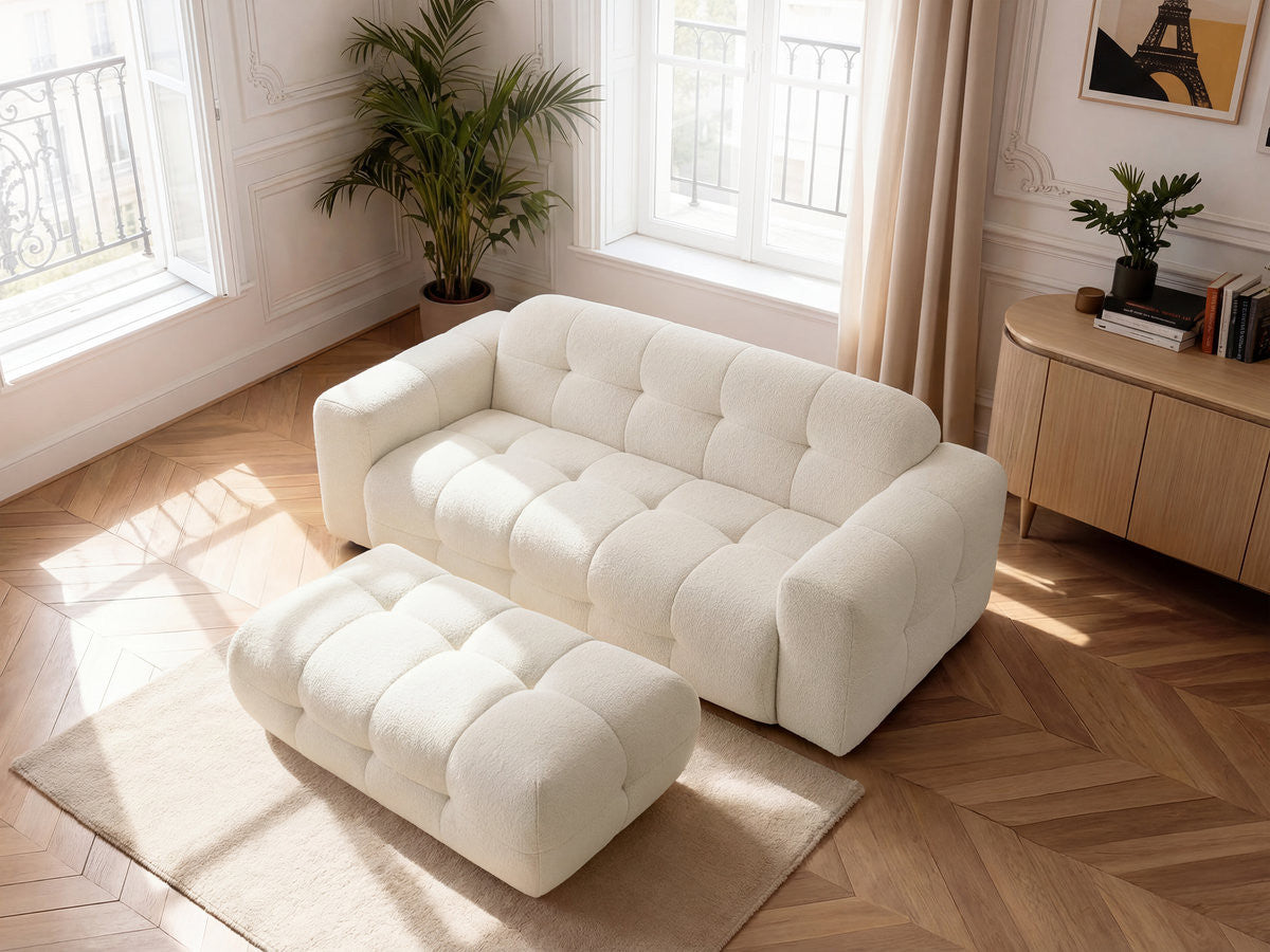 Canapé droit fixe 3 places LAURA tissu chiné avec grand pouf