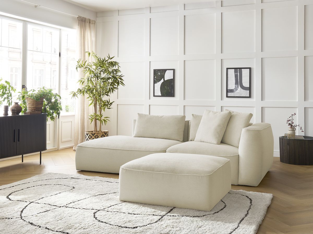 Canapé droit fixe 3 places LEOPOLD velours côtelé avec pouf