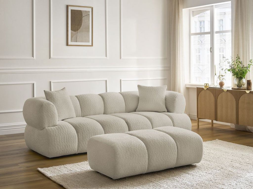 Canapé droit fixe 3 places PAMIRA tissu bouclette avec pouf