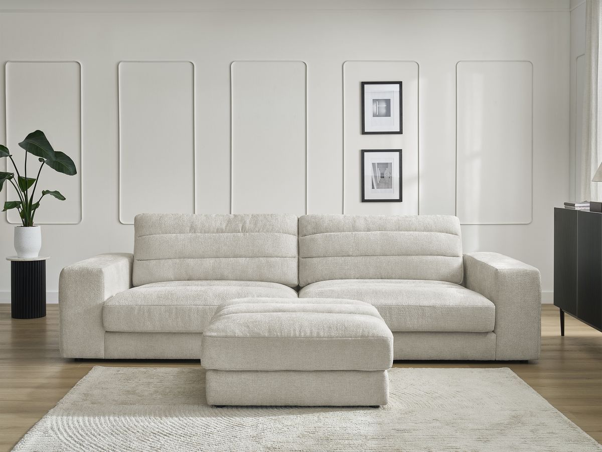Canapé droit fixe 3 places SIERRA tissu texturé avec pouf