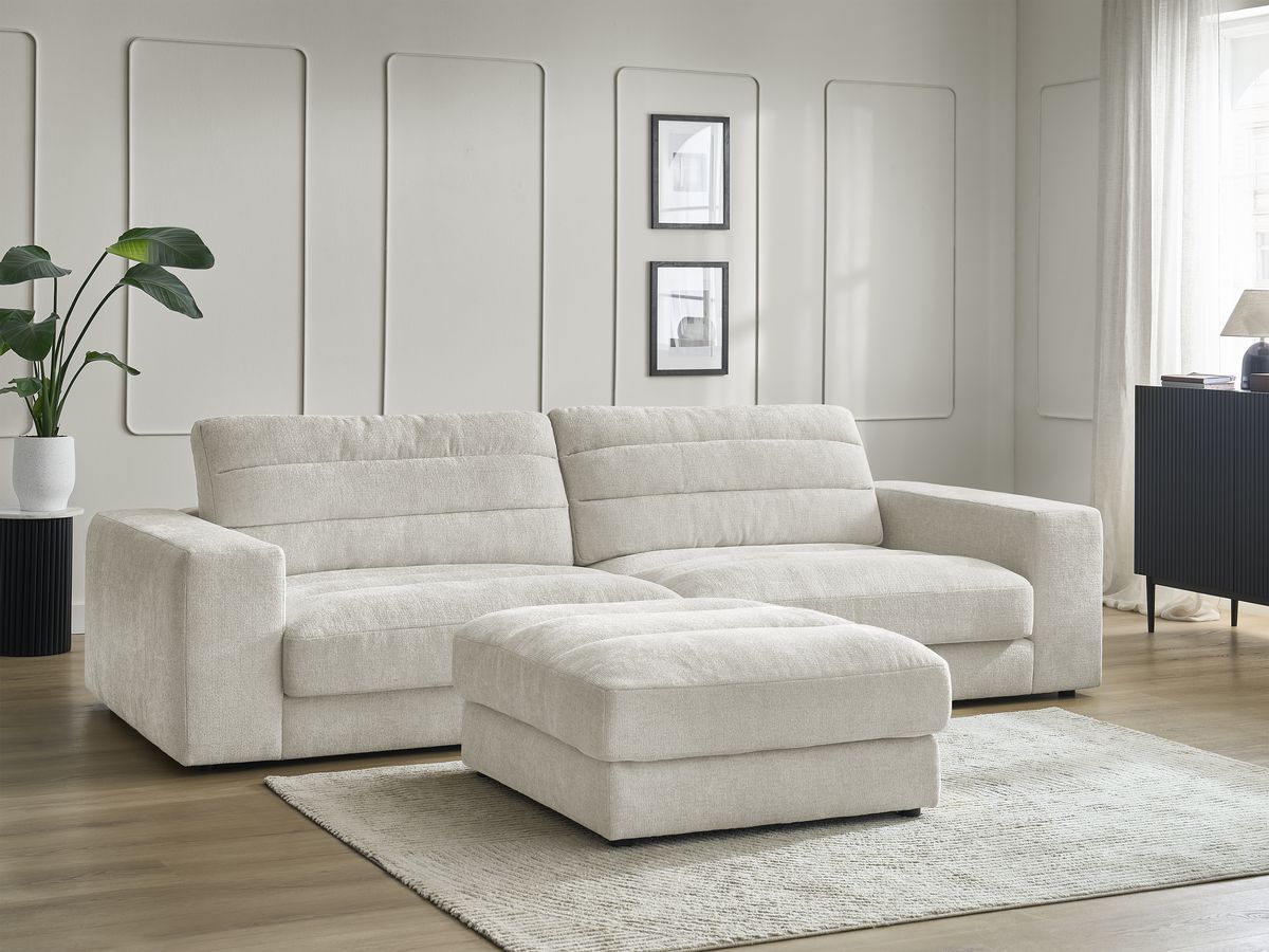 Canapé droit fixe 3 places SIERRA tissu texturé avec pouf
