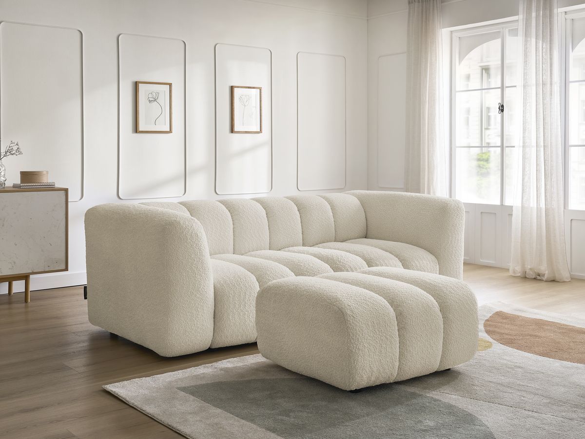 Canapé droit fixe 3 places TALIA tissu bouclette avec pouf