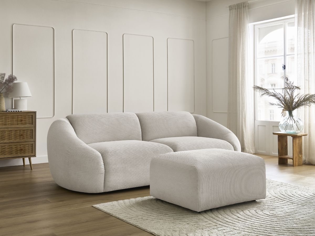 Canapé droit fixe 3 places TINA velours côtelé avec pouf