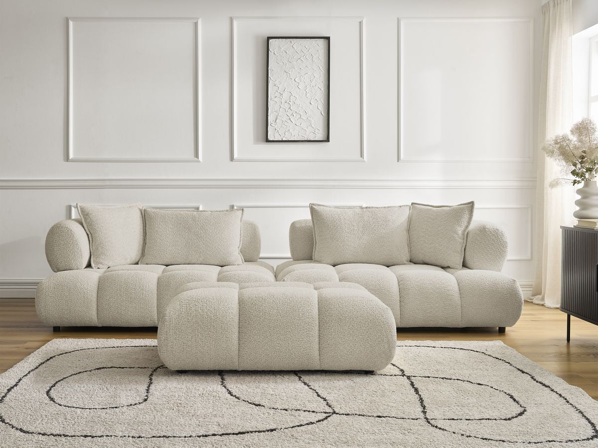 Canapé droit fixe 4 places ALYA tissu bouclette avec pouf