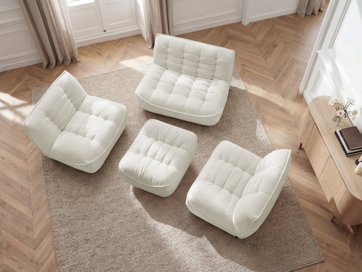 Canapé droit fixe modulable SERENA avec 2 chauffeuses 1 place et 1 chauffeuse 2 places tissu chiné avec pouf