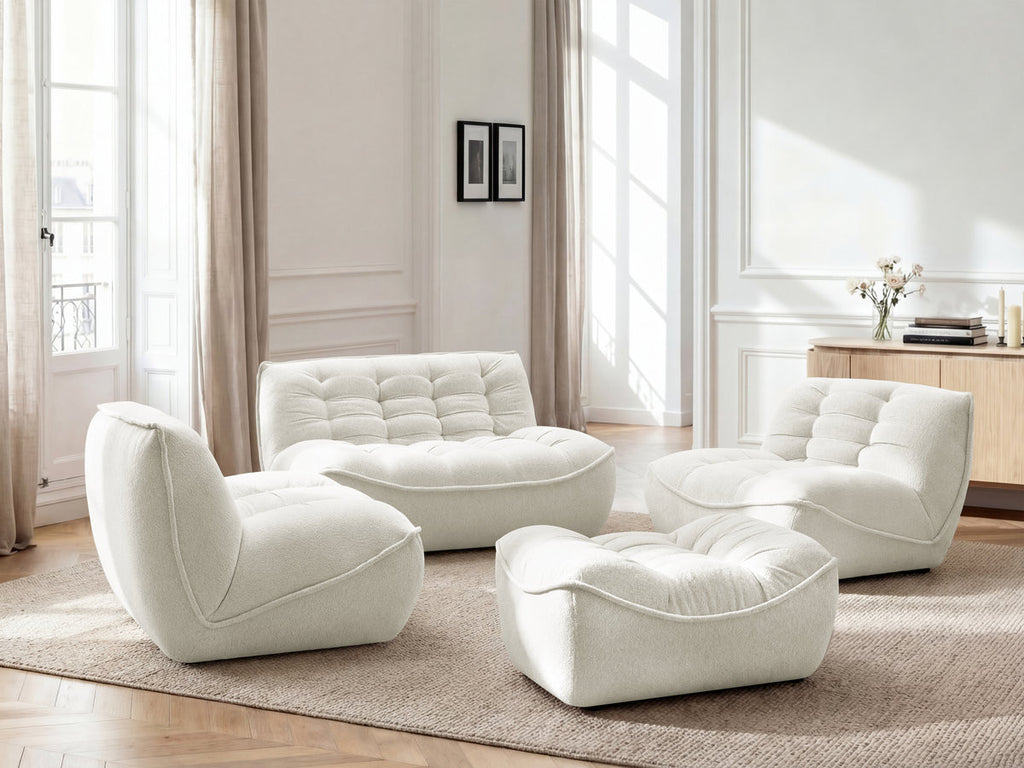 Canapé droit fixe modulable SERENA avec 2 chauffeuses 1 place et 1 chauffeuse 2 places tissu chiné avec pouf