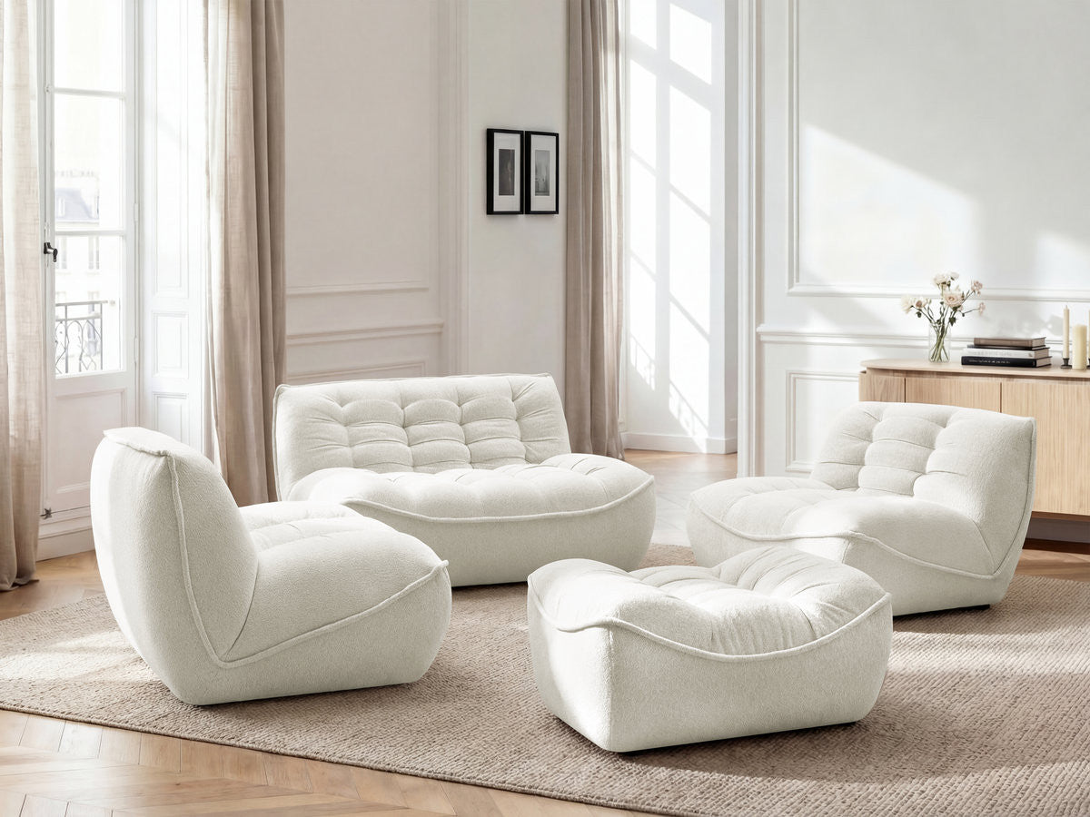 Canapé droit fixe modulable SERENA avec 2 chauffeuses 1 place et 1 chauffeuse 2 places tissu chiné avec pouf
