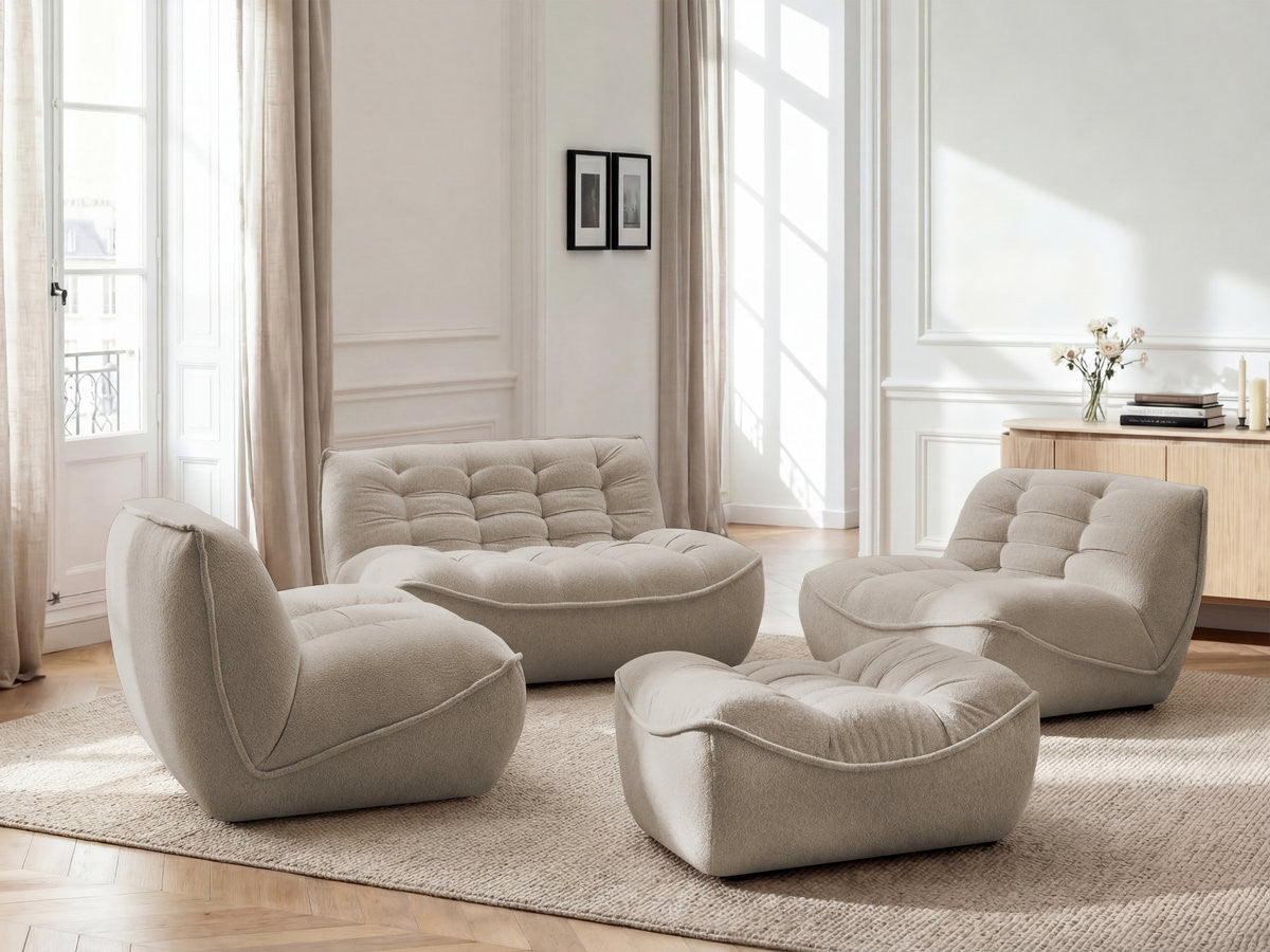 Canapé droit fixe modulable SERENA avec 2 chauffeuses 1 place et 1 chauffeuse 2 places tissu chiné avec pouf