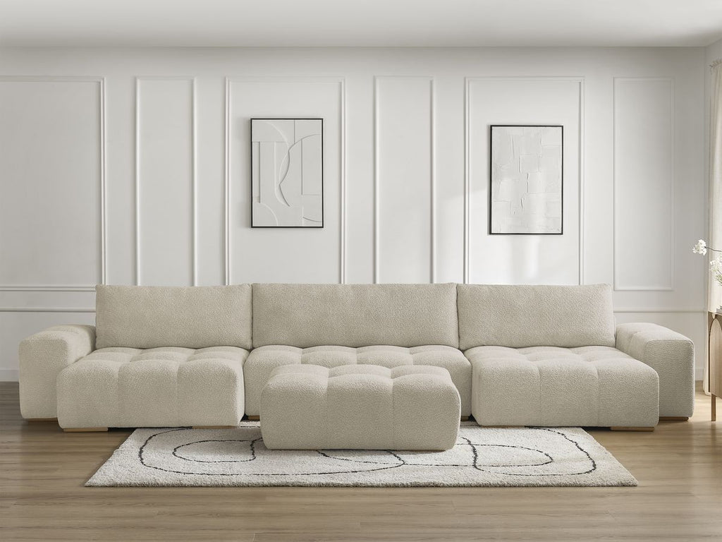 Canapé panoramique convertible coffre ANAKIN tissu bouclette avec pouf