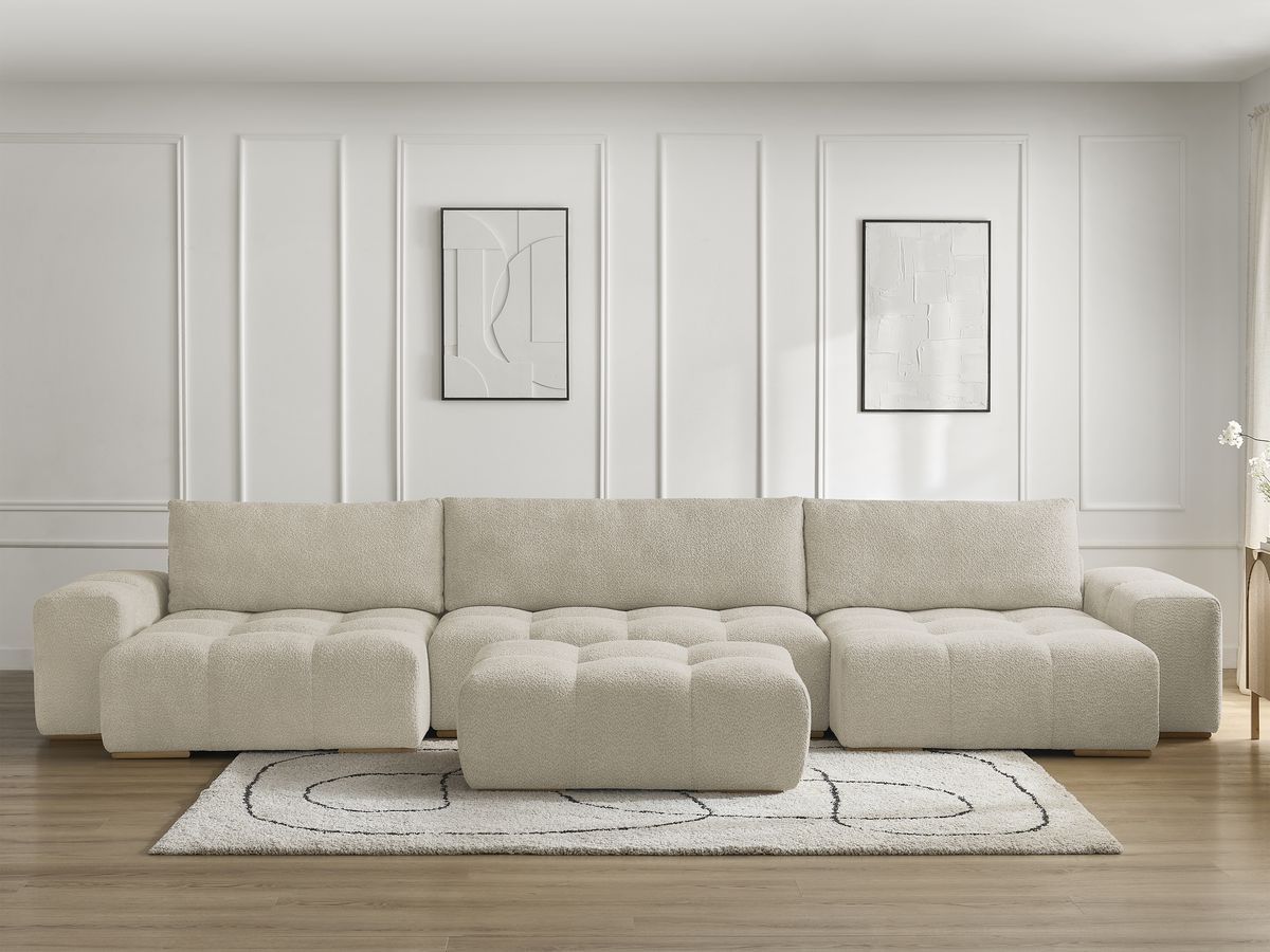 Canapé panoramique convertible coffre ANAKIN tissu bouclette avec pouf