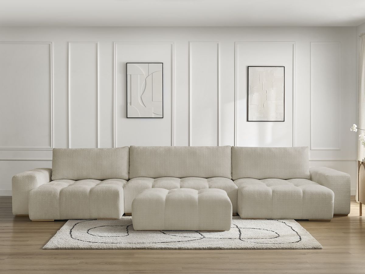 Canapé panoramique convertible coffre ANAKIN tissu texturé avec pouf