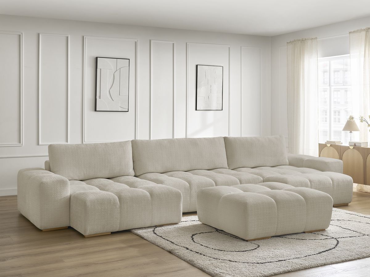 Canapé panoramique convertible coffre ANAKIN tissu texturé avec pouf