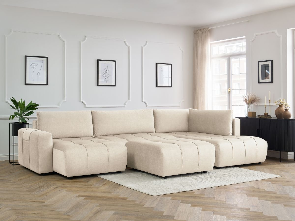 Canapé panoramique convertible coffre ARSENE tissu velours avec pouf
