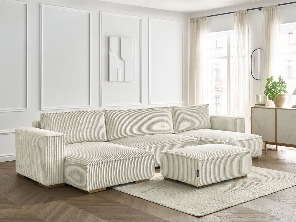 Canapé panoramique convertible coffre CHELSEA gros côtelé doux avec pouf