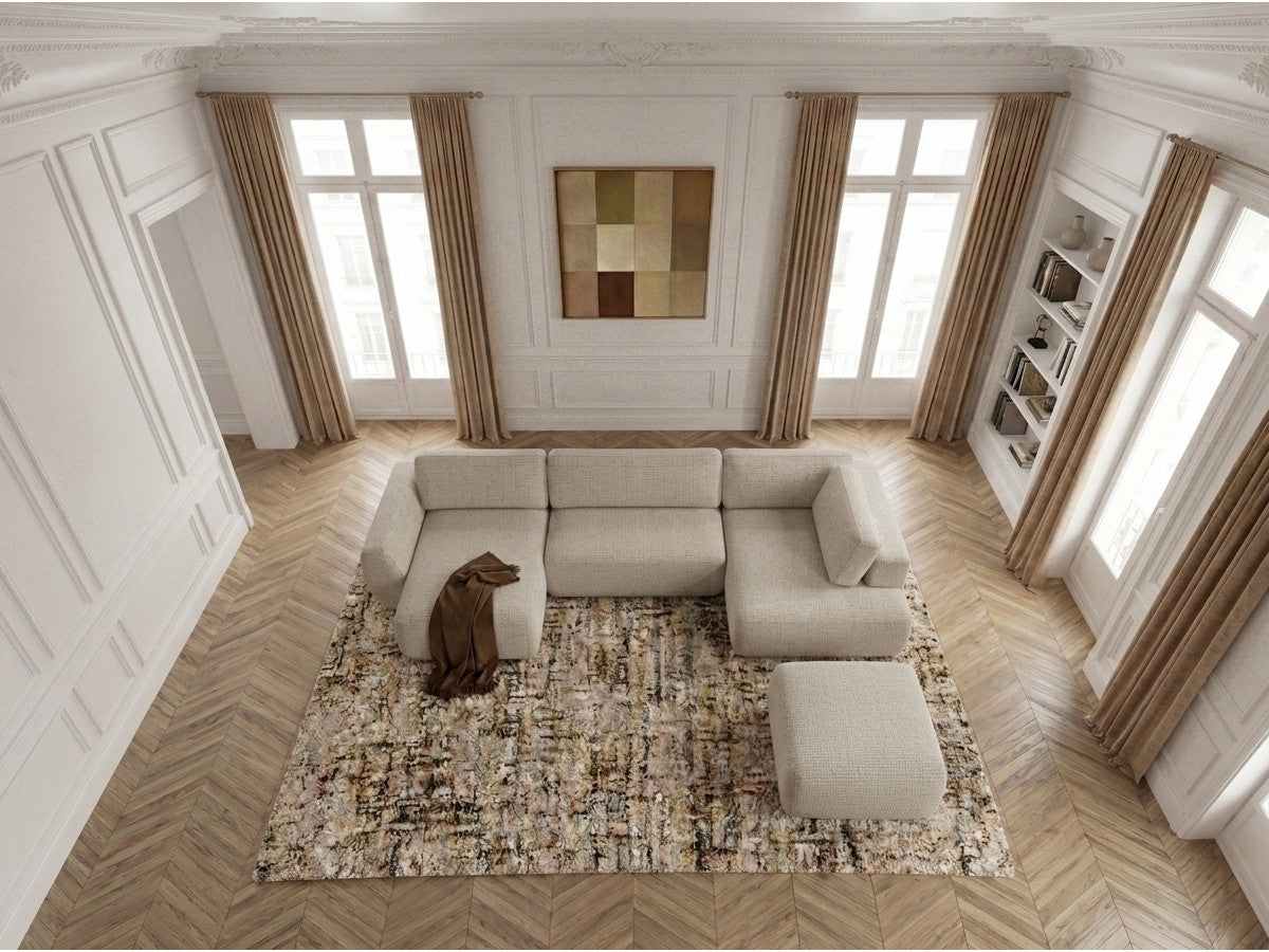 Canapé panoramique convertible coffre DENISE tissu texturé avec pouf