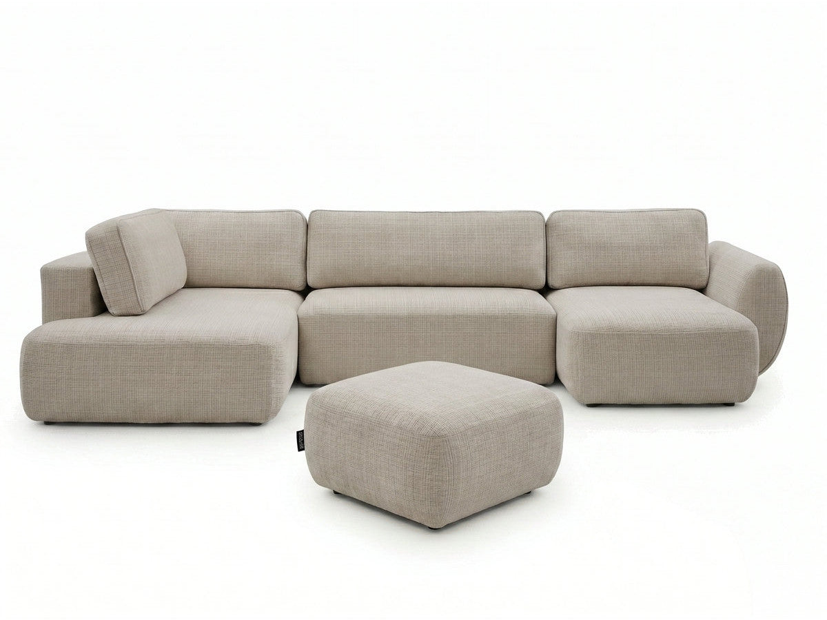 Canapé panoramique convertible coffre DENISE tissu texturé avec pouf