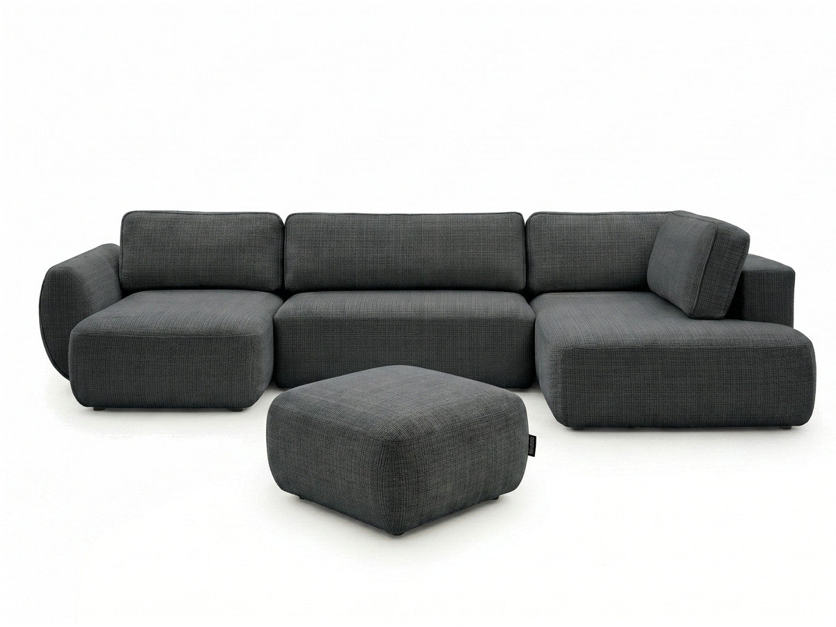 Canapé panoramique convertible coffre DENISE tissu texturé avec pouf