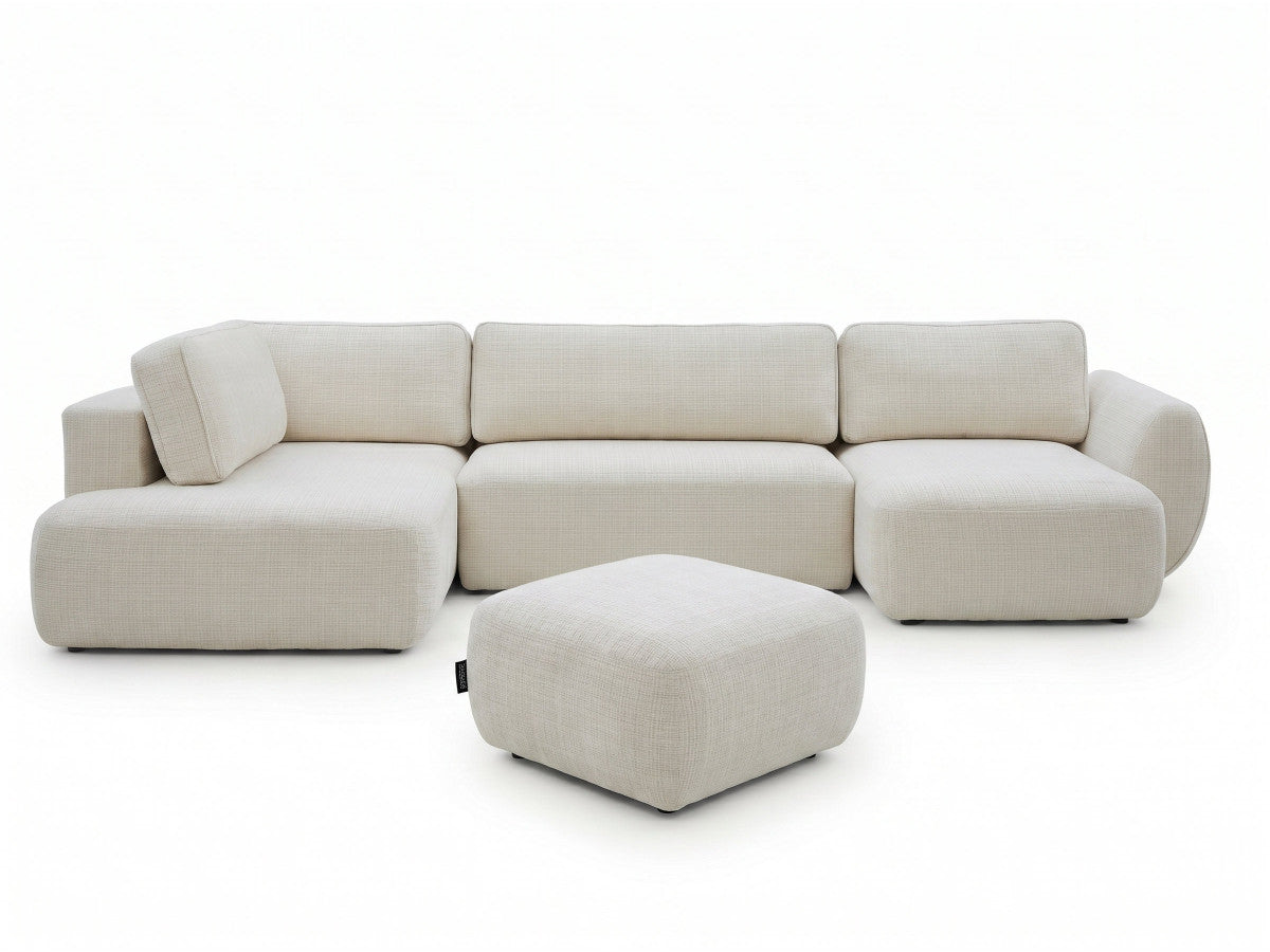 Canapé panoramique convertible coffre DENISE tissu texturé avec pouf