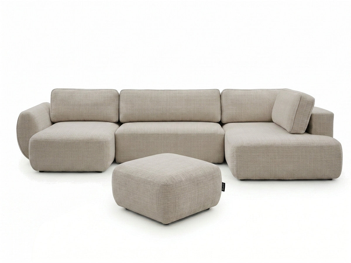 Canapé panoramique convertible coffre DENISE tissu texturé avec pouf