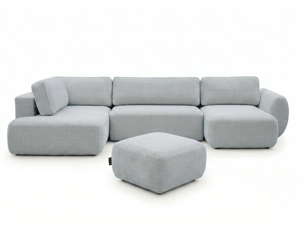 Canapé panoramique convertible coffre DENISE tissu texturé avec pouf