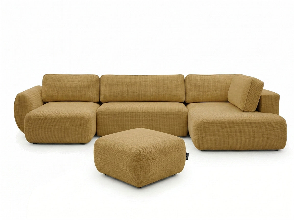 Canapé panoramique convertible coffre DENISE tissu texturé avec pouf