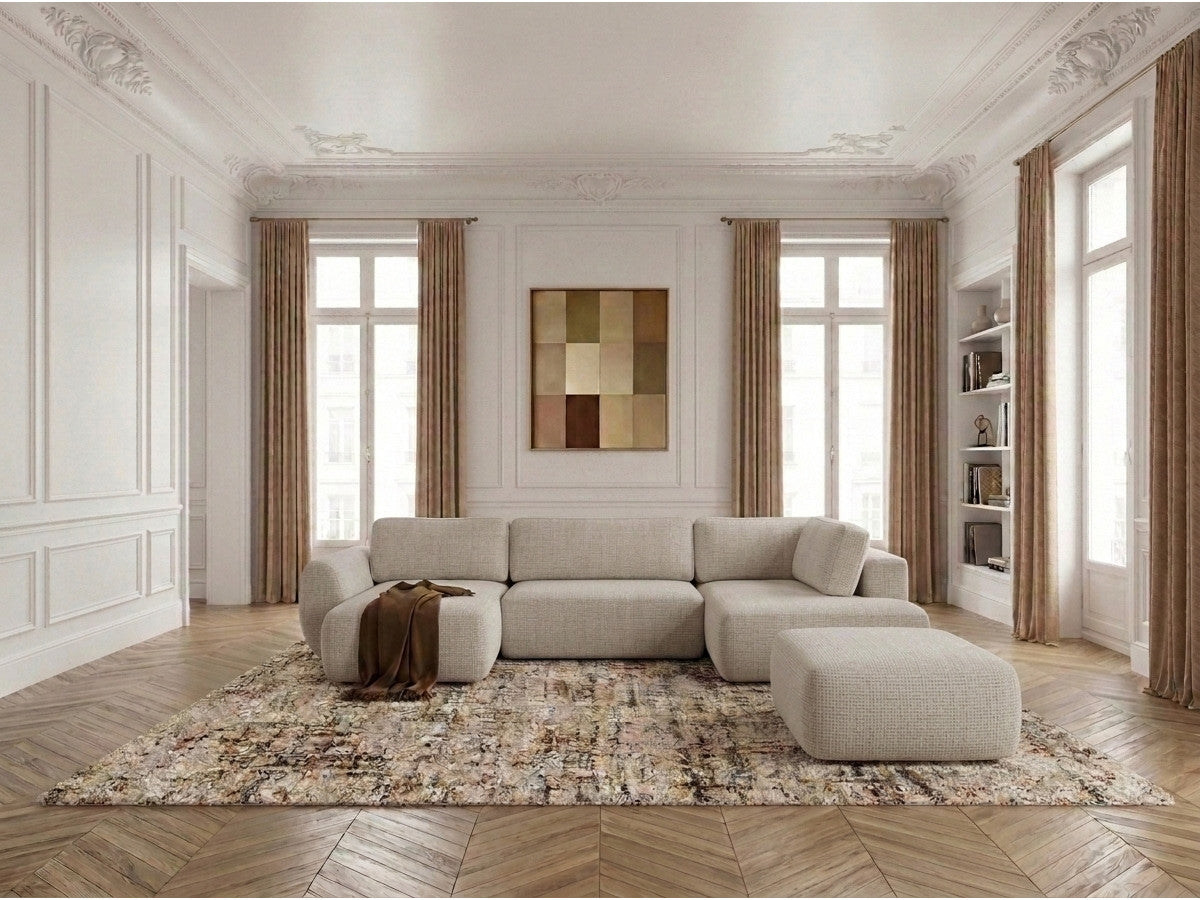 Canapé panoramique convertible coffre DENISE tissu texturé avec pouf