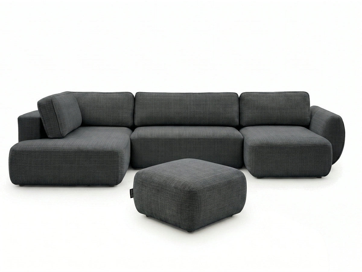 Canapé panoramique convertible coffre DENISE tissu texturé avec pouf