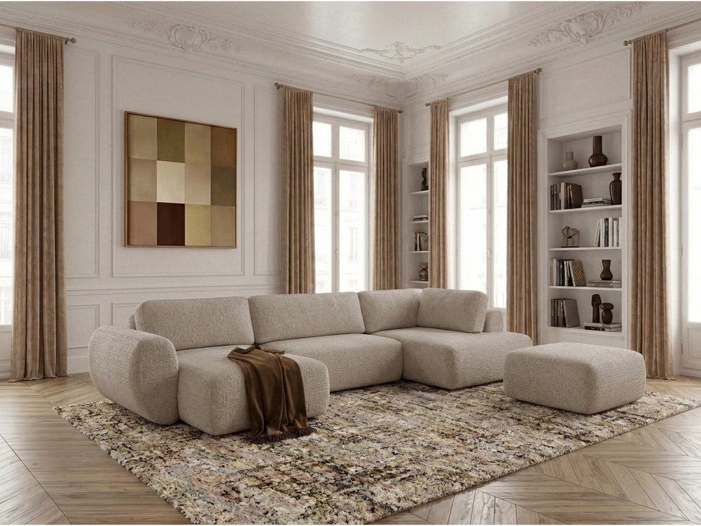 Canapé panoramique convertible coffre DENISE tissu texturé avec pouf