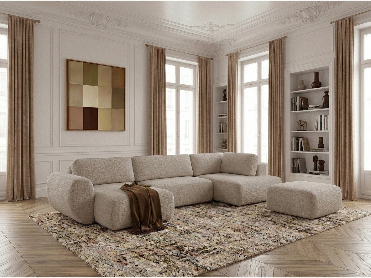 Canapé panoramique convertible coffre DENISE tissu texturé avec pouf