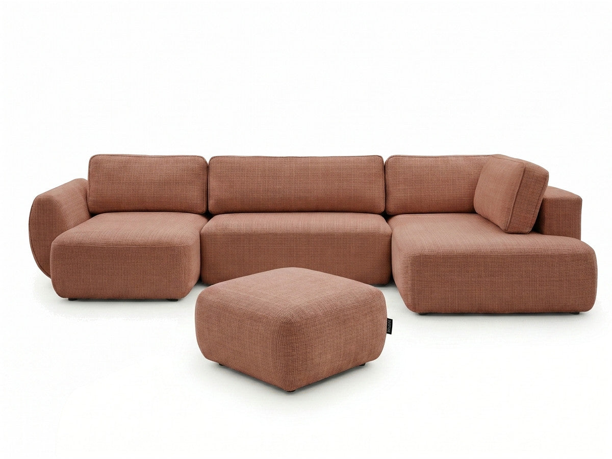 Canapé panoramique convertible coffre DENISE tissu texturé avec pouf