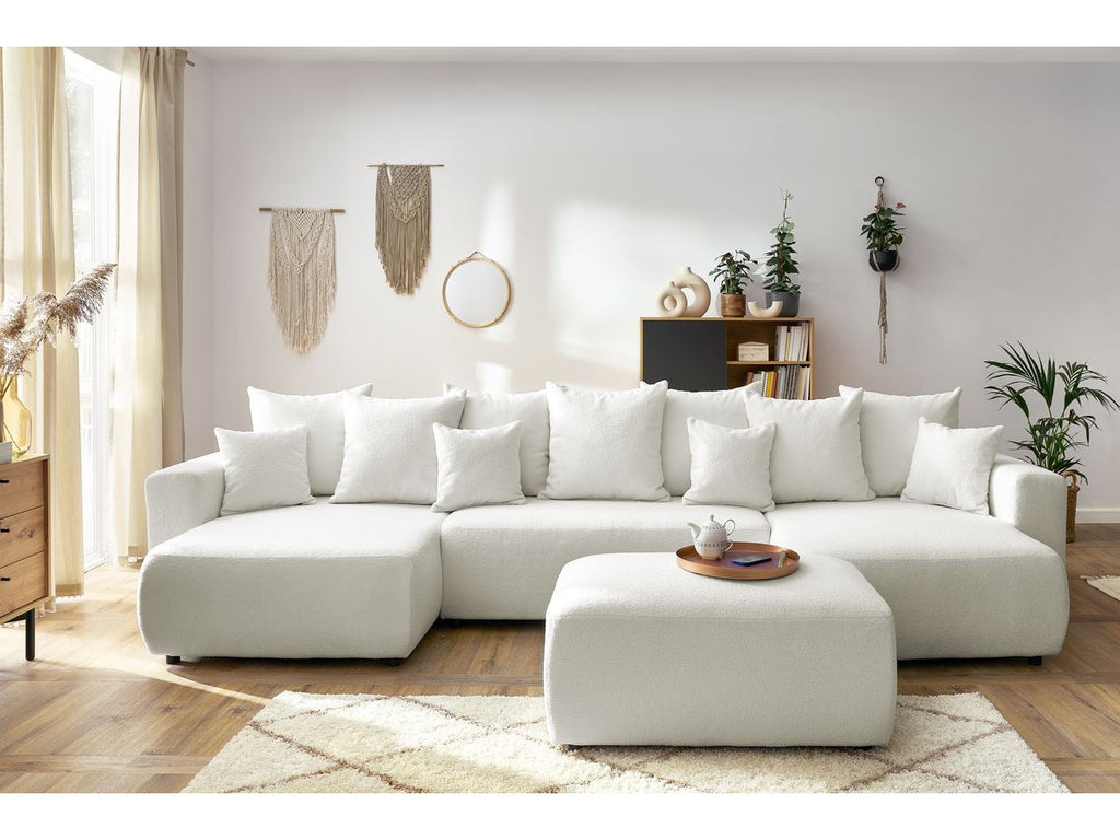 Canapé panoramique convertible coffre ENVY tissu bouclette avec pouf rectangulaire