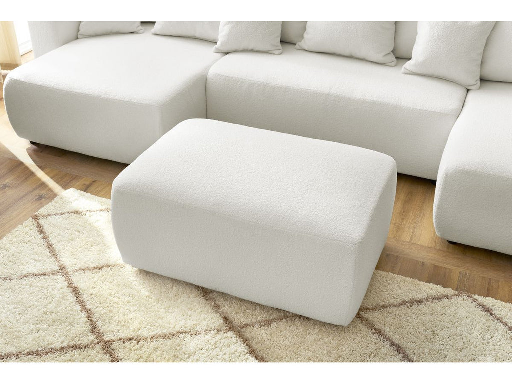 Canapé panoramique convertible coffre ENVY tissu bouclette avec pouf rectangulaire