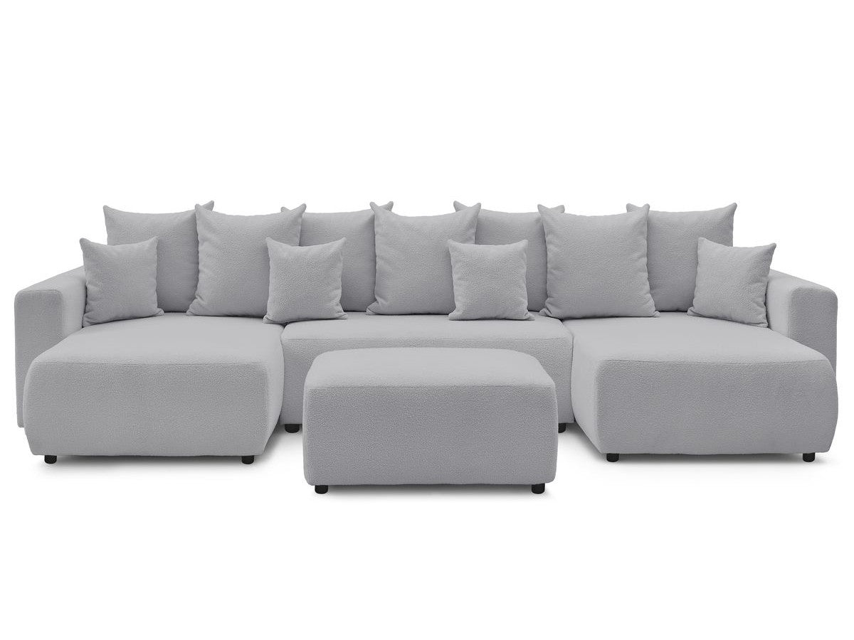 Canapé panoramique convertible coffre ENVY tissu bouclette avec pouf rectangulaire