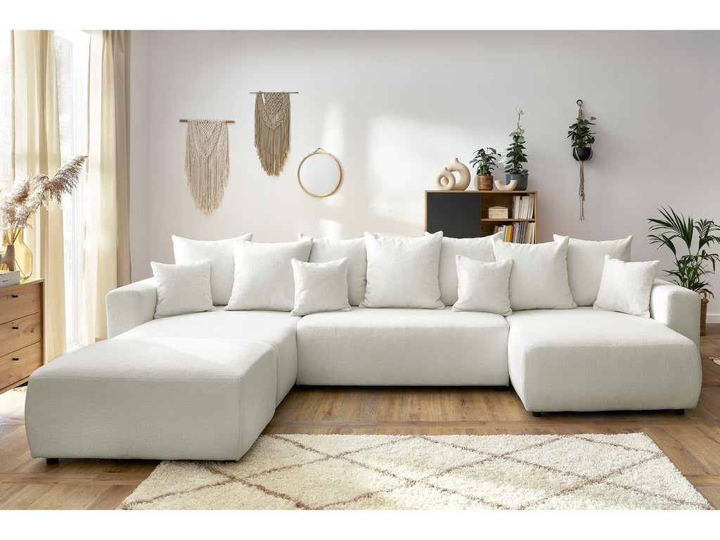 Canapé panoramique convertible coffre ENVY tissu bouclette avec pouf rectangulaire