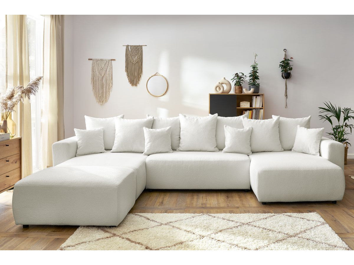 Canapé panoramique convertible coffre ENVY tissu bouclette avec pouf rectangulaire
