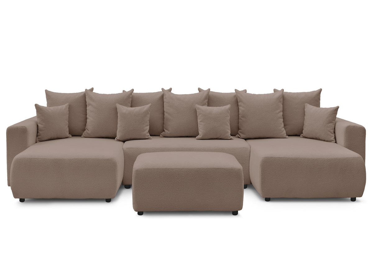 Canapé panoramique convertible coffre ENVY tissu bouclette avec pouf rectangulaire