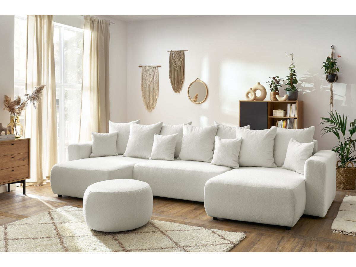 Canapé panoramique convertible coffre ENVY tissu bouclette avec pouf rond