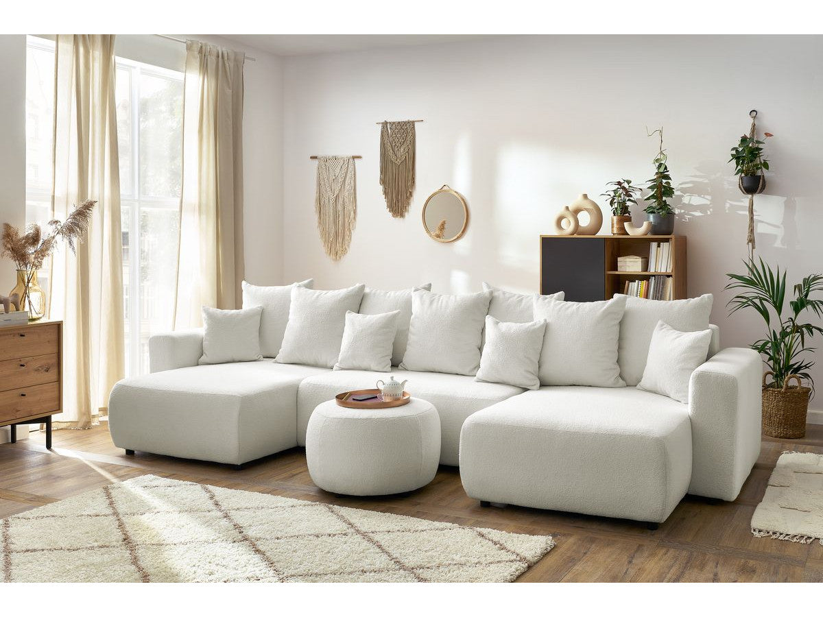 Canapé panoramique convertible coffre ENVY tissu bouclette avec pouf rond