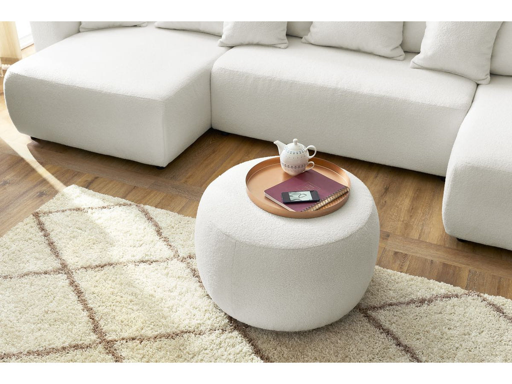 Canapé panoramique convertible coffre ENVY tissu bouclette avec pouf rond