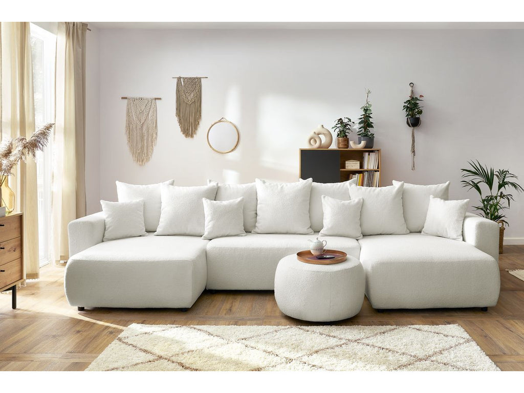 Canapé panoramique convertible coffre ENVY tissu bouclette avec pouf rond
