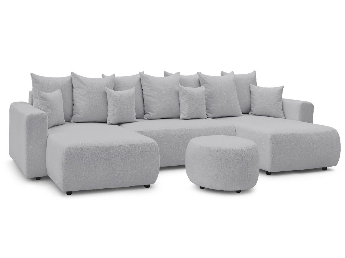 Canapé panoramique convertible coffre ENVY tissu bouclette avec pouf rond