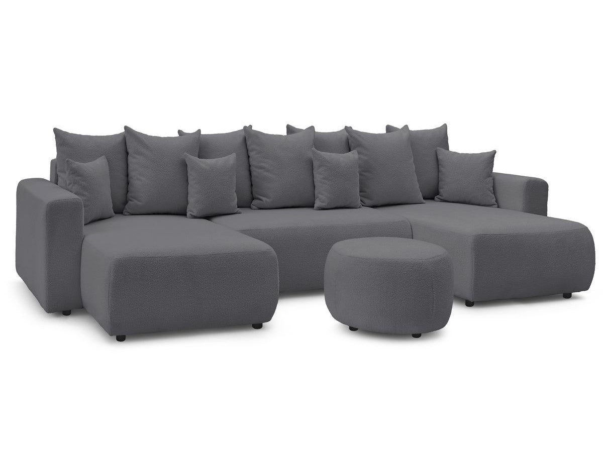 Canapé panoramique convertible coffre ENVY tissu bouclette avec pouf rond