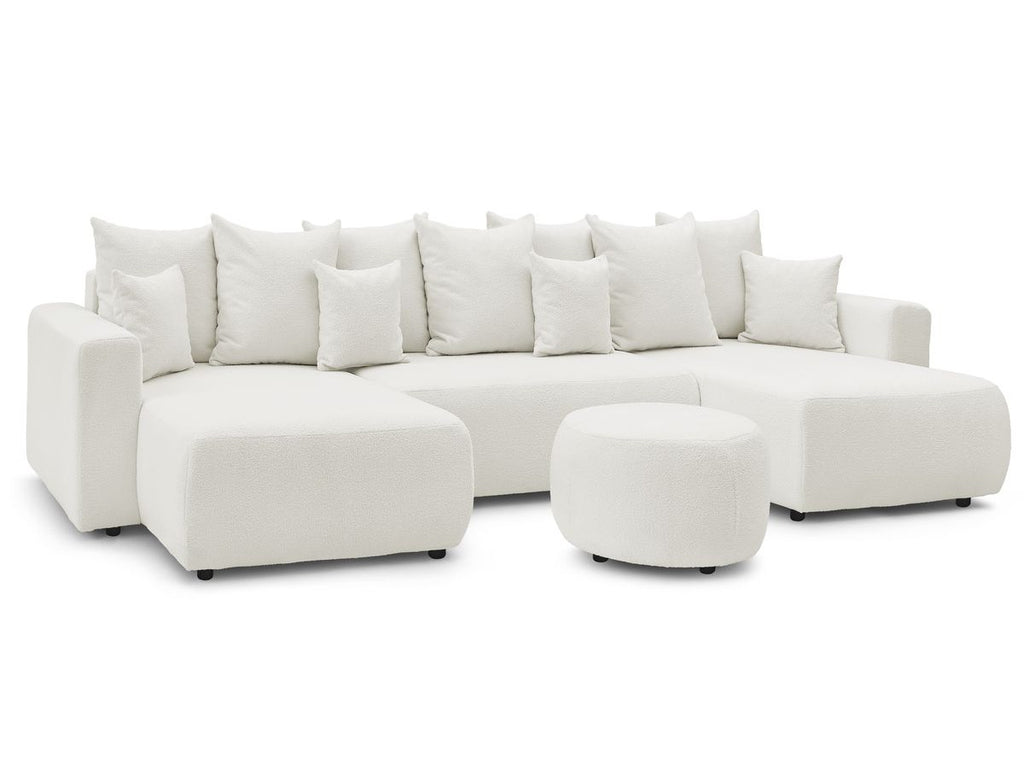 Canapé panoramique convertible coffre ENVY tissu bouclette avec pouf rond