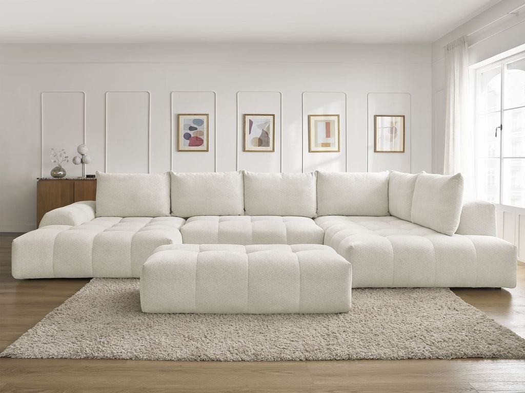 Canapé panoramique convertible coffre EVEREST tissu chiné avec pouf