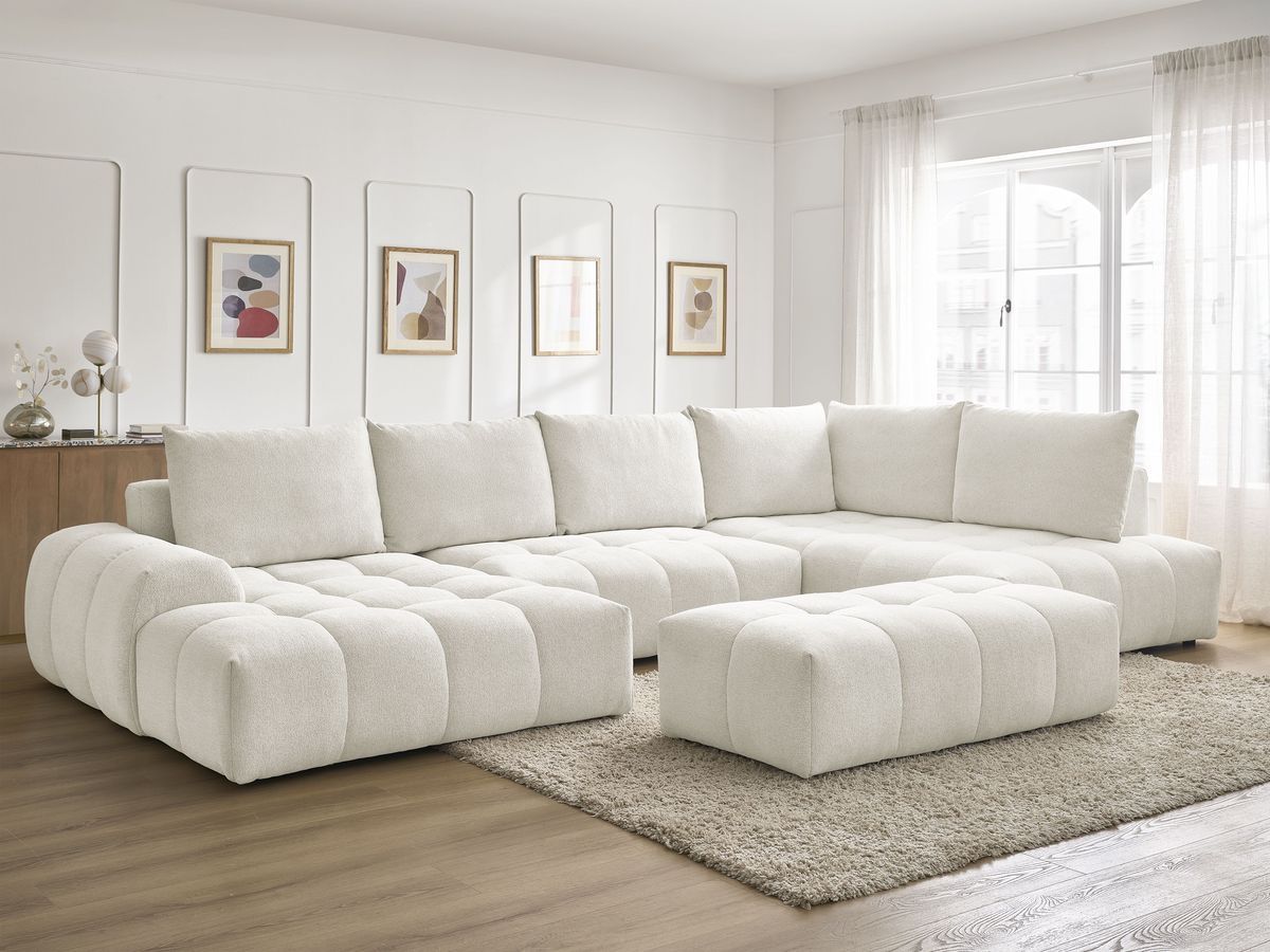 Canapé panoramique convertible coffre EVEREST tissu chiné avec pouf